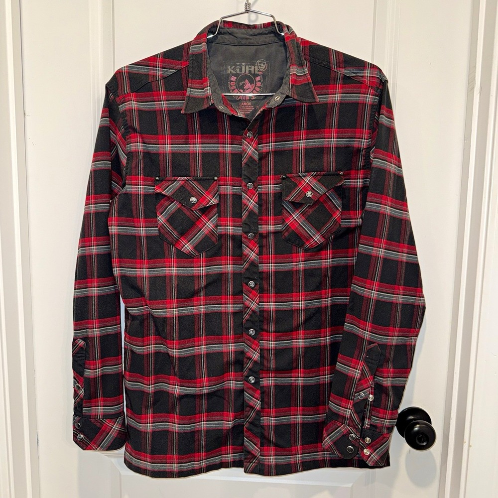 KUHL Flannel Shirt Mens L Red Black Plaid Snap Front Outdoor Western Hiking